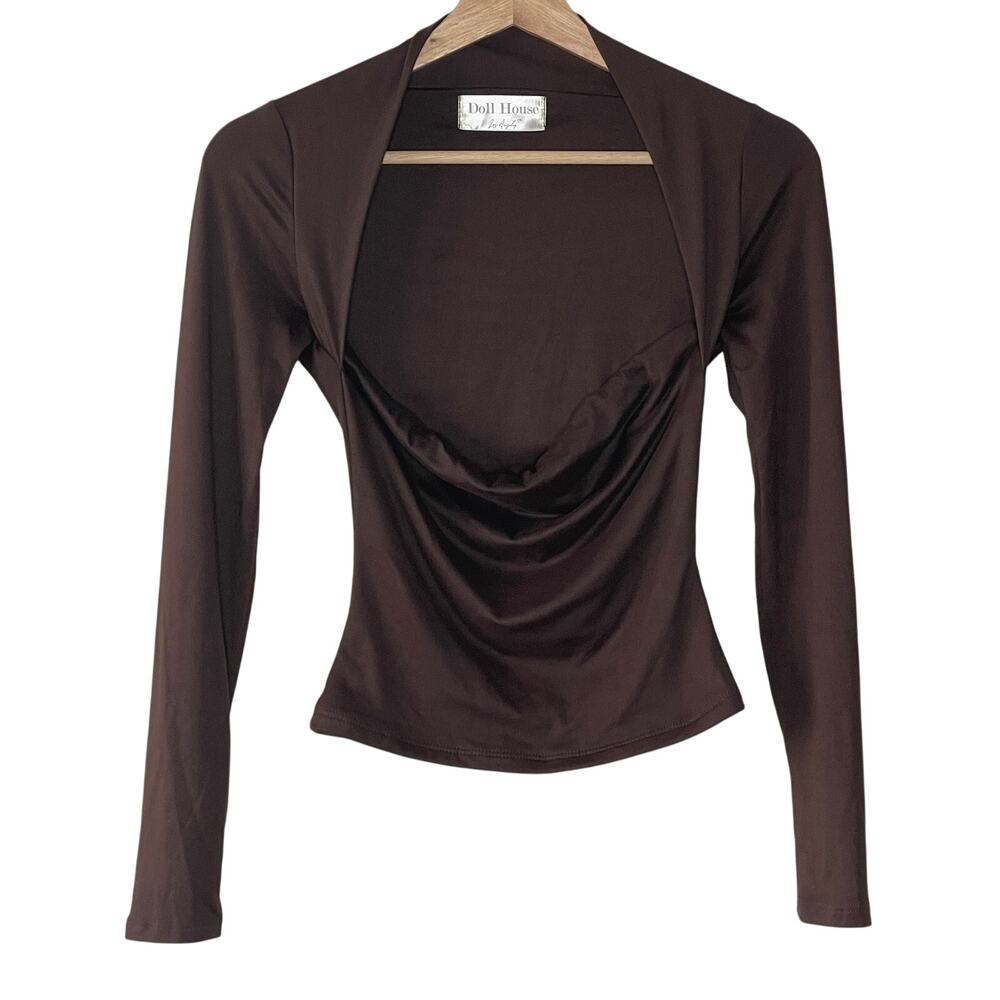 Doll House Los Angeles Brown‎ Cowl Neck Long Sleeve Draped Top Style 7592T Small